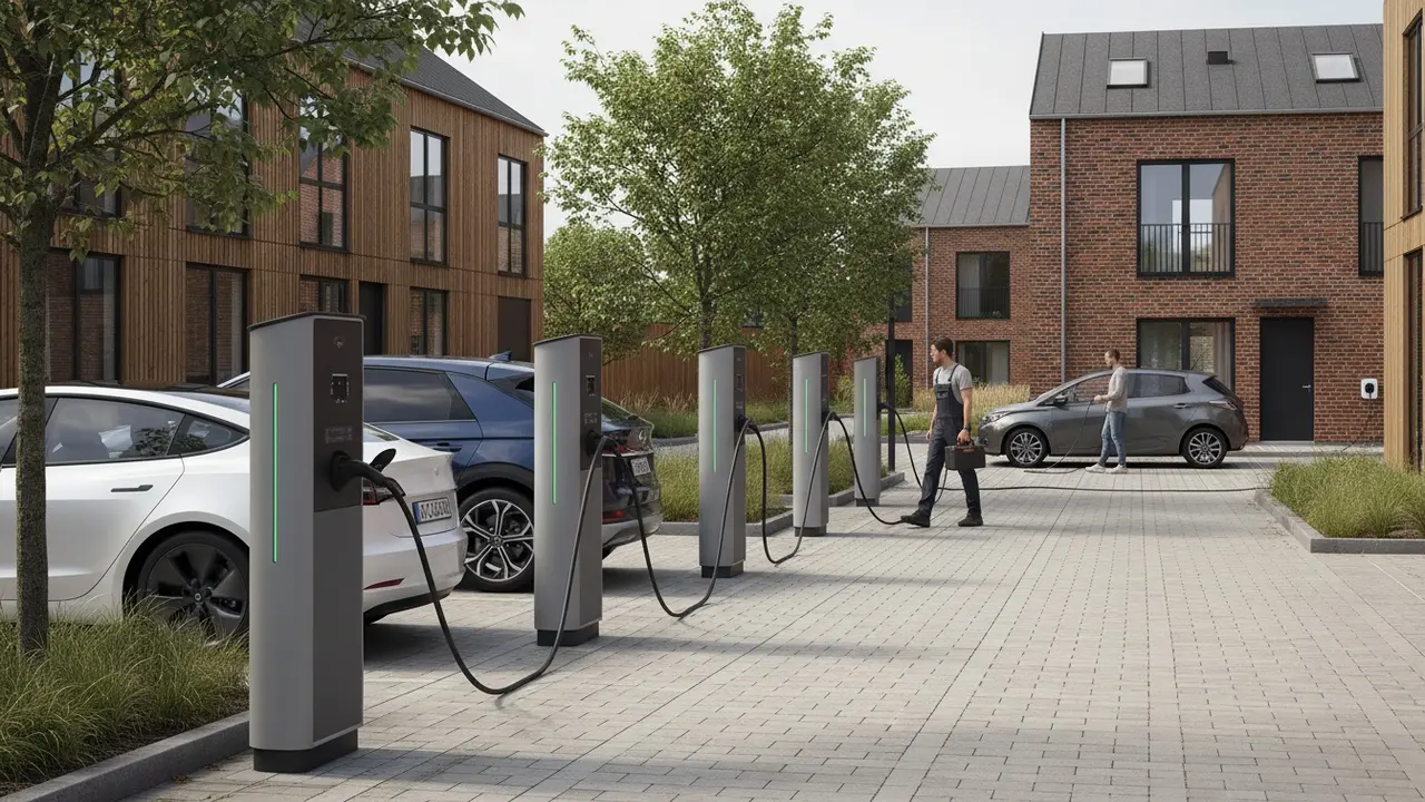 Offentlig og hjemmebaseret ladestation med elbiler i bymiljø