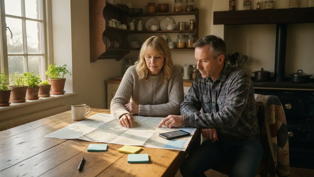 To naboer planlægger samkørsel ved køkkenbord med kort og smartphone.