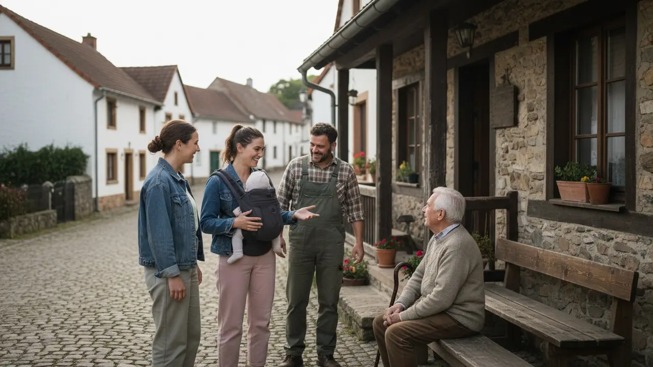 Lokale naboer taler om samkørsel udenfor købmanden i en lille landsby.