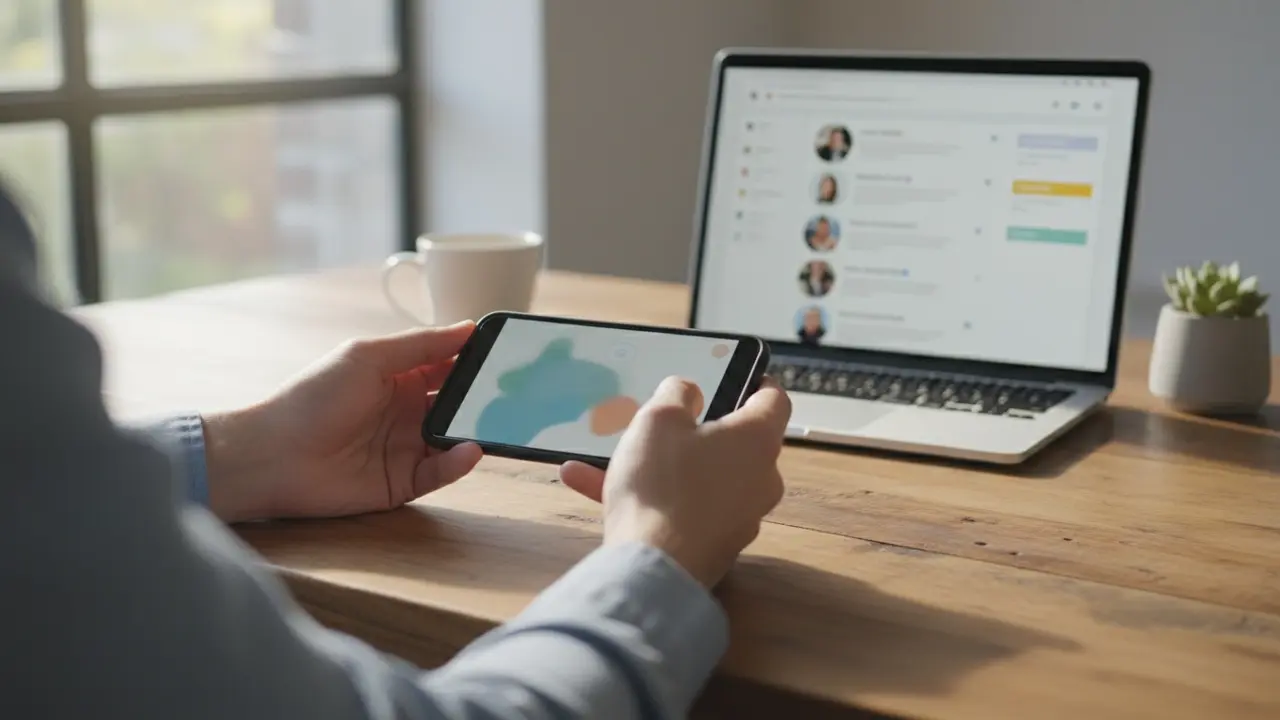 Smartphone og bærbar på bord, viser samkørselskoordination via digitale platforme.