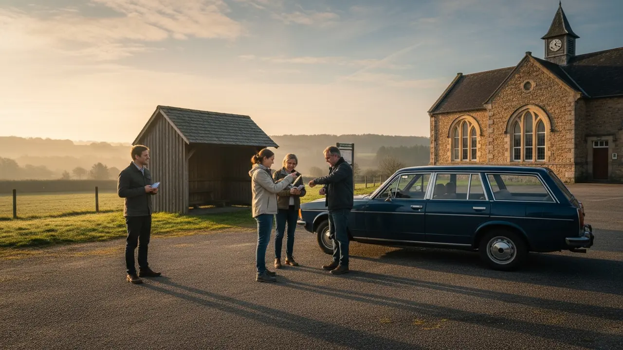 En lille gruppe står ved en bil ved skolens parkeringsplads og planlægger rute og tid.