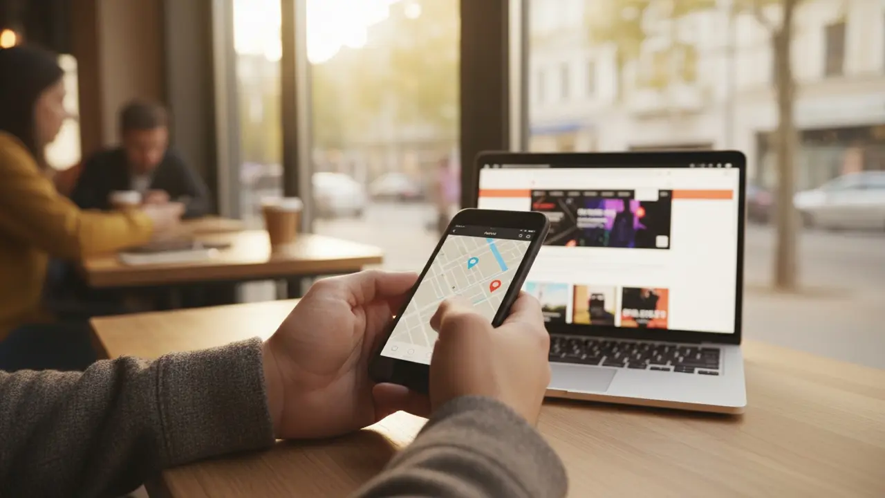 Person bruger smartphone med køreapp og laptop på café, klar til at komme i gang