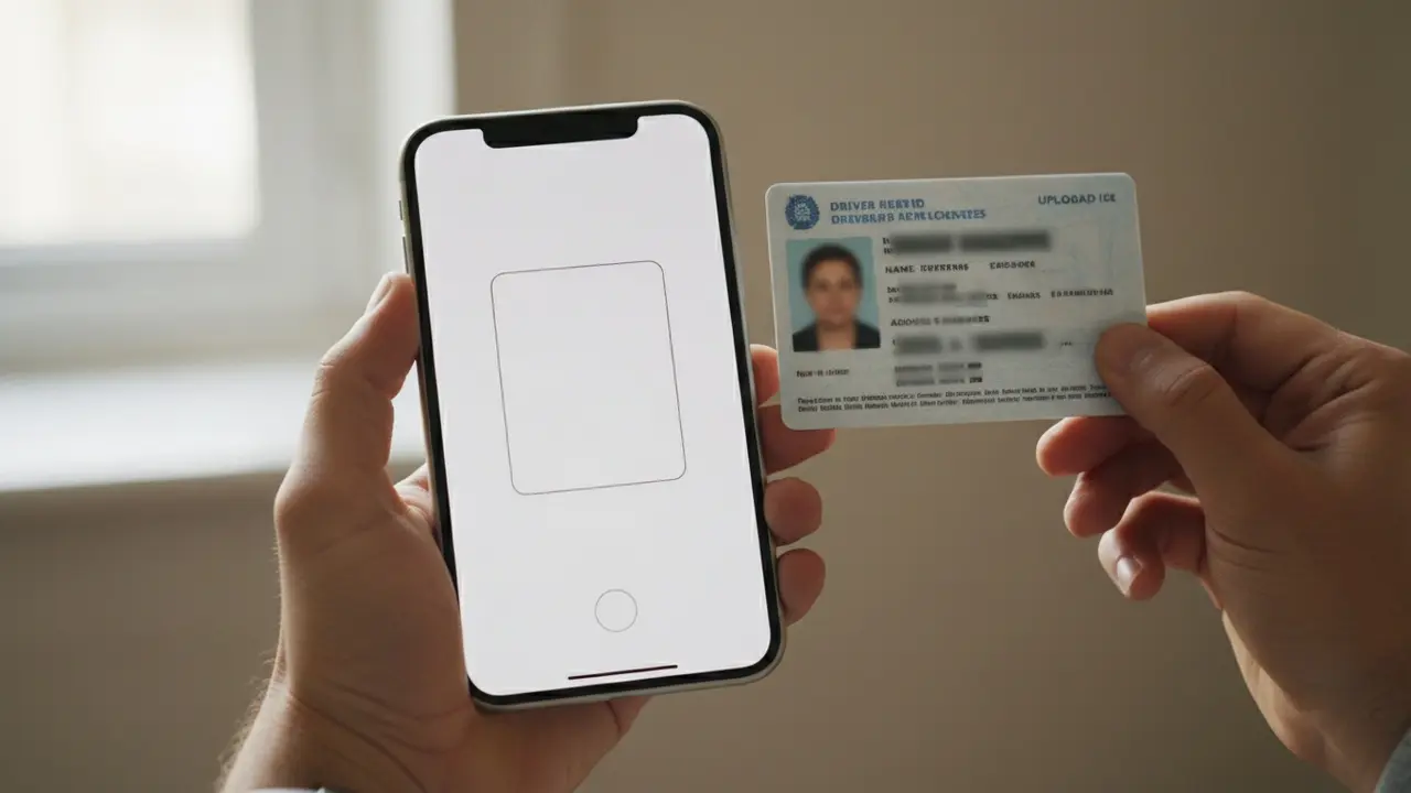 Hænder holder kørekort ved siden af smartphone under upload af ID, personlige data sløret