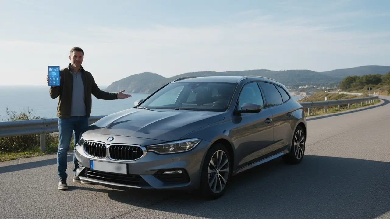 Chauffør ved sin bil viser bilen frem, nummerplade sløret, smartphone med biloplysninger