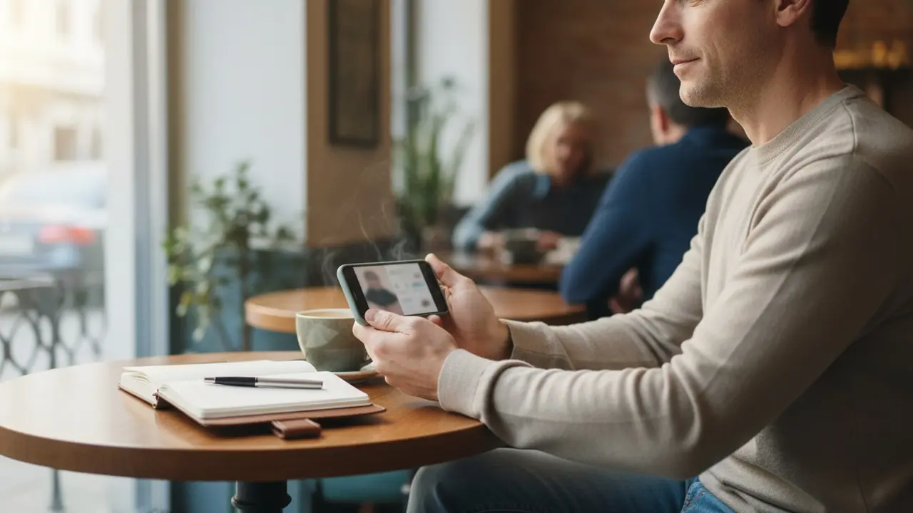 Person tjekker samkørselsbooking på telefon ved cafébord, telefonens skærm er sløret