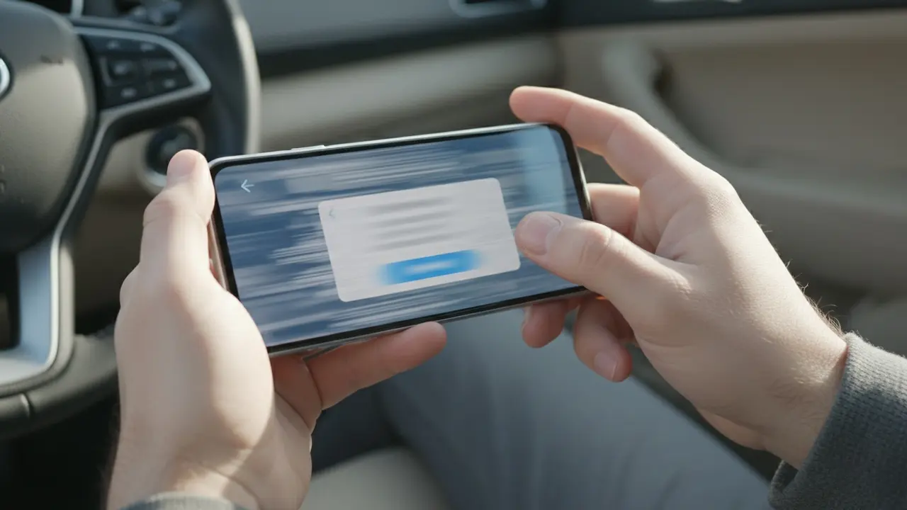 Hånd holder telefon i bil, tommelfinger nærmer sig bekræftelsesknap på sløret skærm