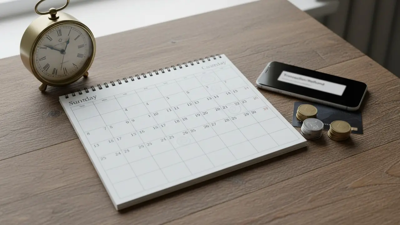 Kalender, ur og telefon med sløret refund-meddelelse samt mønter og bankkort på bord