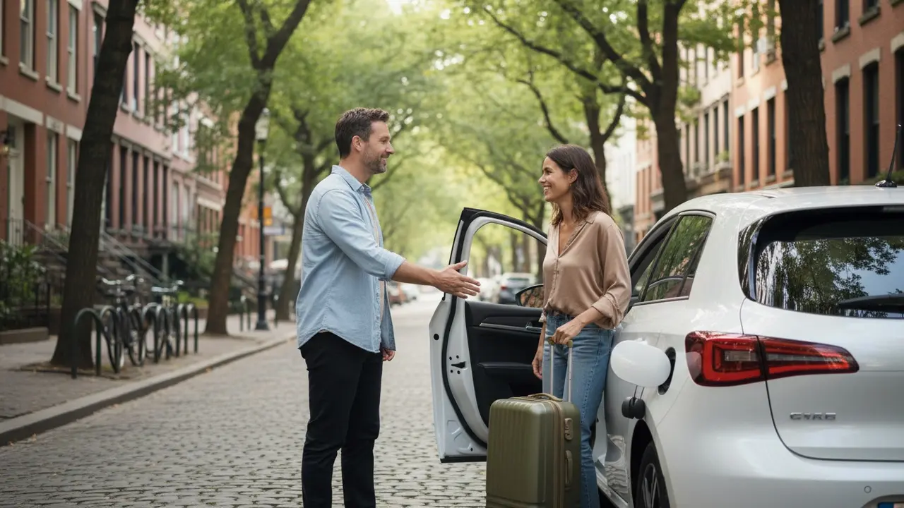 Chauffør åbner døren for passager ved en ren bil på en rolig gade