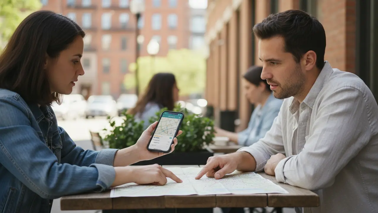 To personer planlægger samkørsel ved telefon med app og papir kort