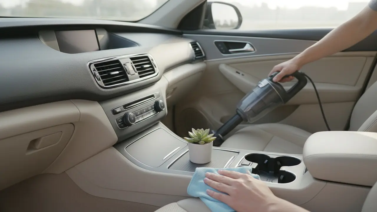 Nærbillede af rengøring af bilens interiør med mikrofiberklud og støvsuger