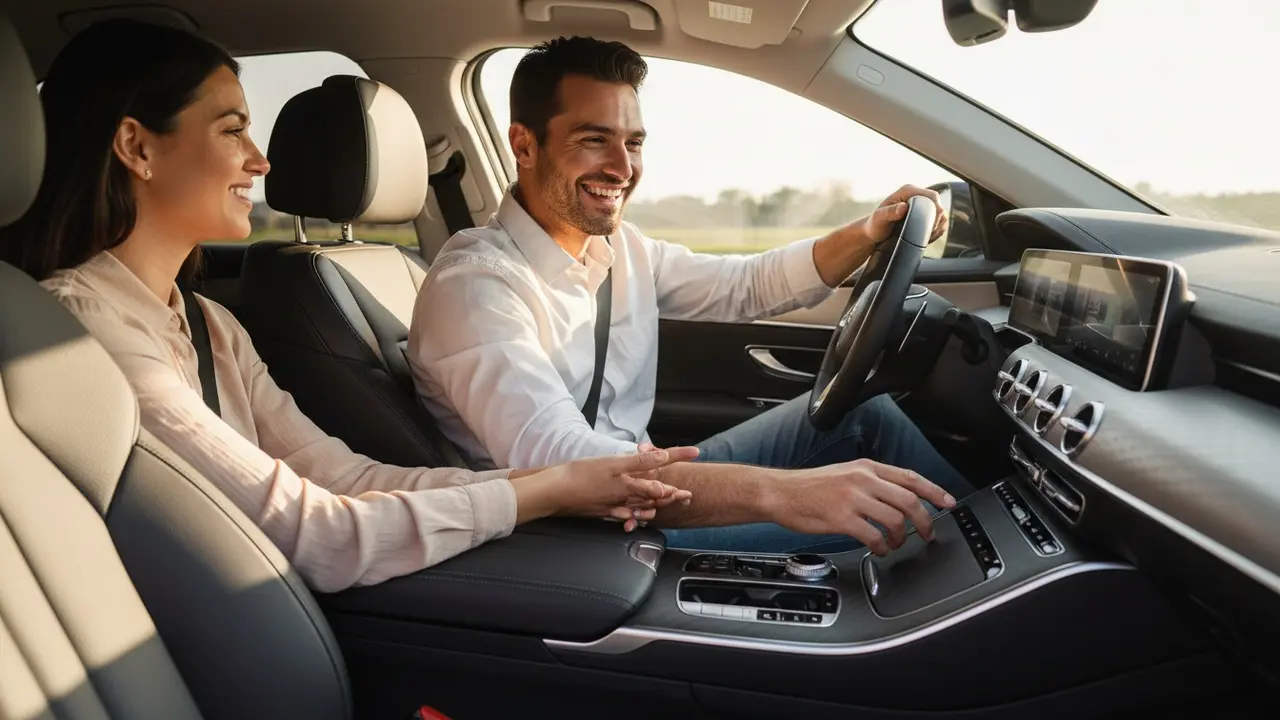 Chauffør og passager aftaler musik ved infotainment i parkeret bil