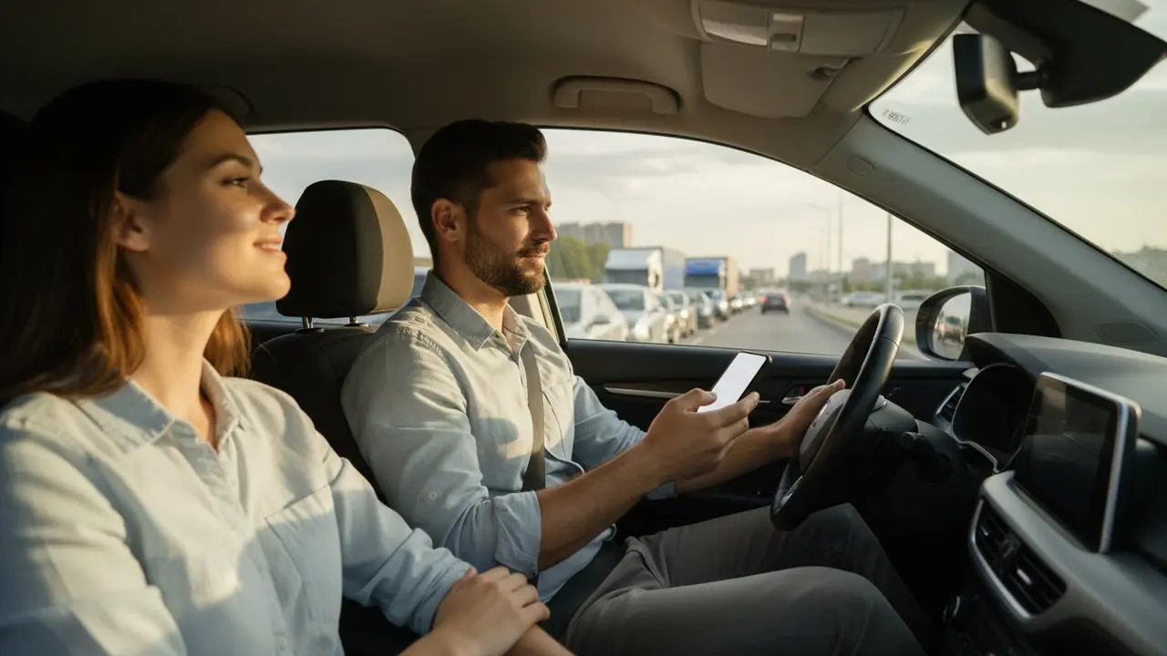 Rolig chauffør sender besked i let trafik mens passager virker afslappet