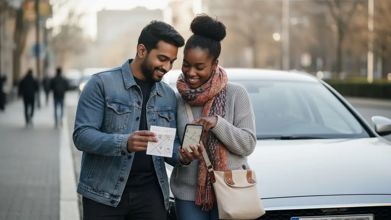 Chauffør og passager tjekker mødestedsdetaljer på telefon ved bilen