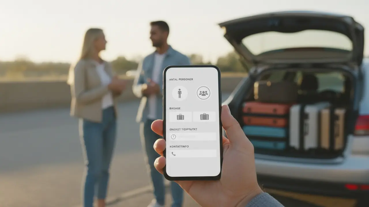 Smartphone med samkørselsbooking og felter til antal, bagage og kontaktinfo