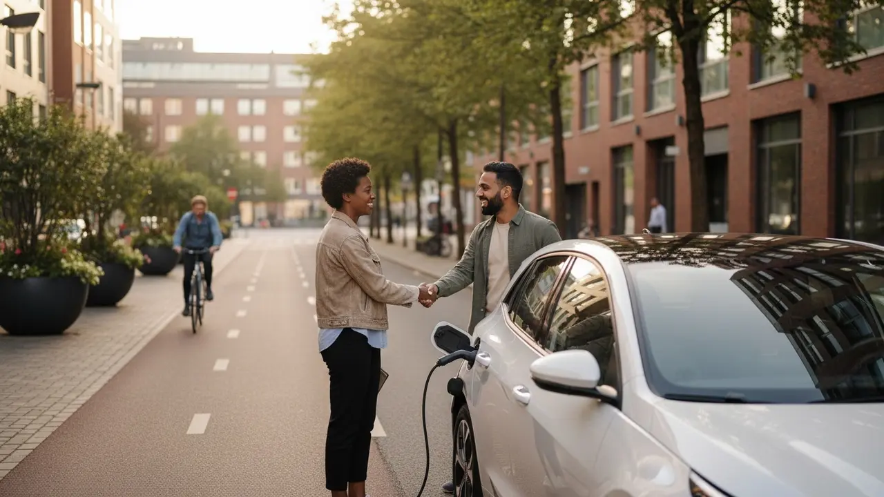 Chauffør og passager hilser ved en bil i bymiljø, smilende og klar til samkørsel.