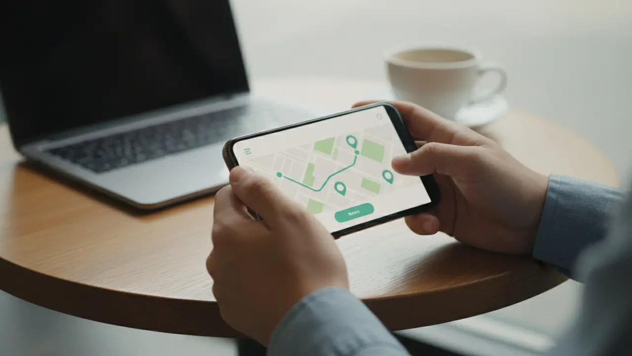 Hænder der bruger smartphone til at booke samkørsel, kort og rutepegepinde synlige.