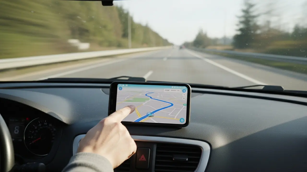 Smartphone med live-GPS-kort og rutevisning på bilens instrumentbræt under kørsel.