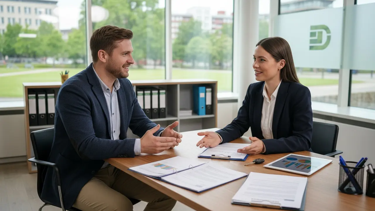 Chauffør taler med forsikringsrådgiver over dokumenter om erhvervsforsikring.