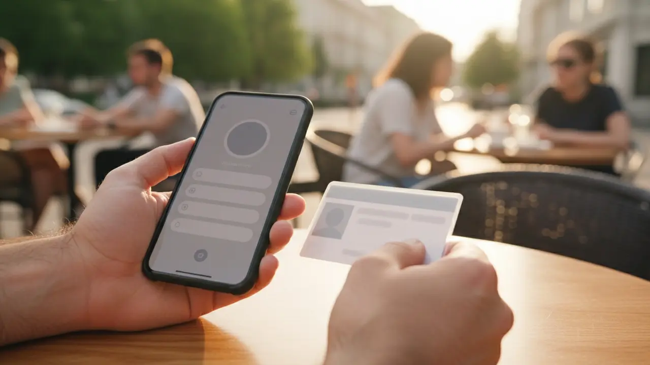 Person holder smartphone ved registrering med ID-kort ved siden af