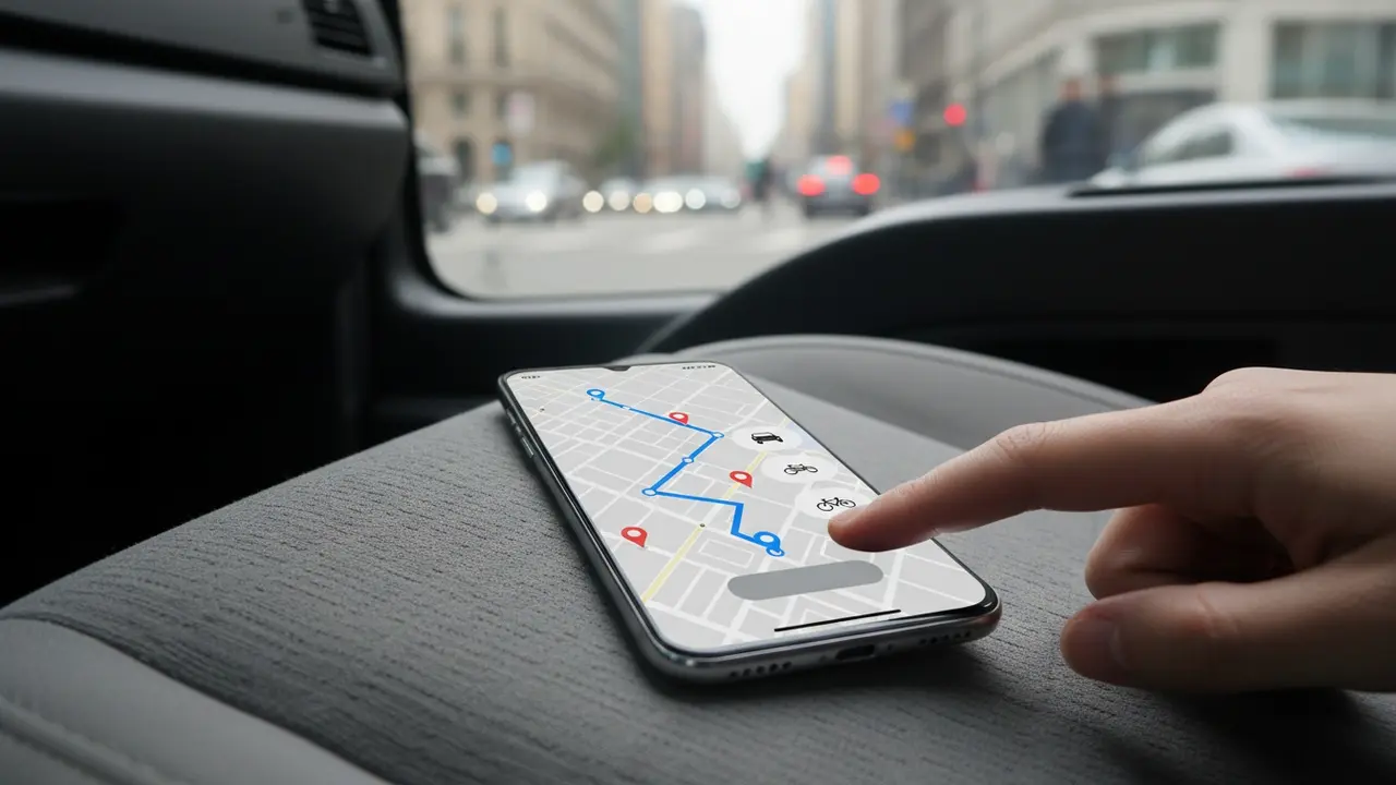 Smartphone på bilsæde viser kort og ruteikoner, finger peger mod bookingknap