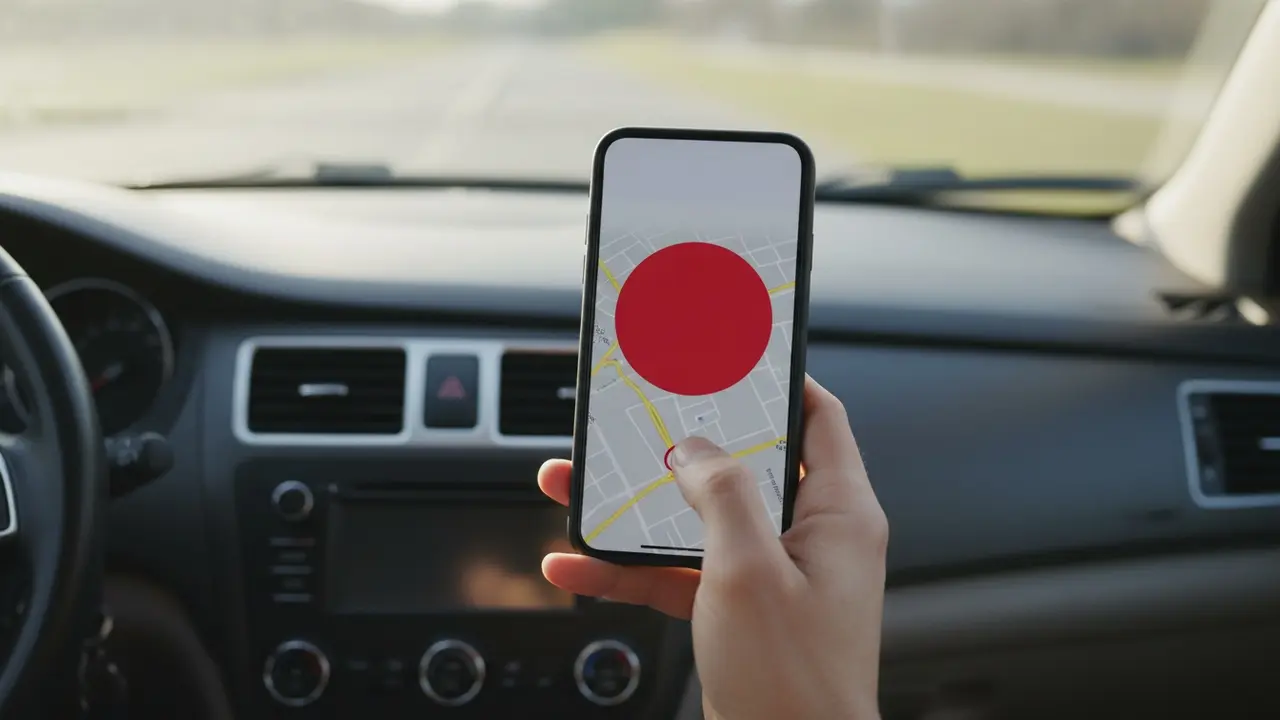 Hånd holder telefon og aktiverer stor rød nødknap i appen
